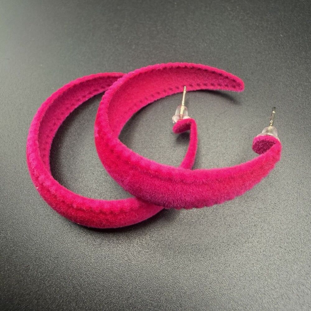 Chunky Velvet Hoop Earrings - Fuzzy Hot Pink Plush Open C Shape Studs Women’s